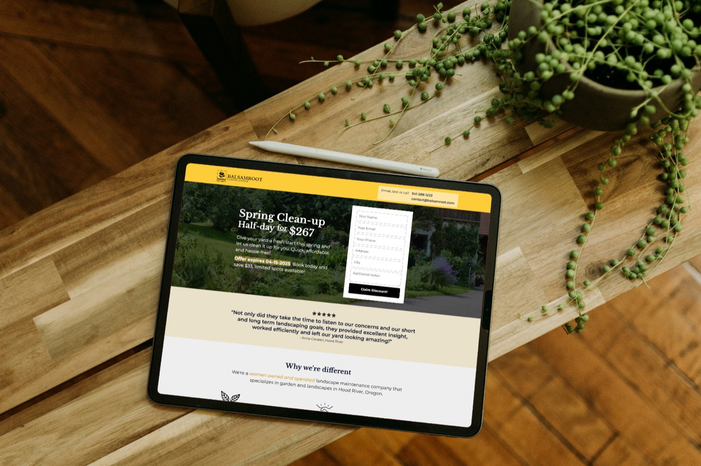 Balsamroot Landscaping landing page on a tablet