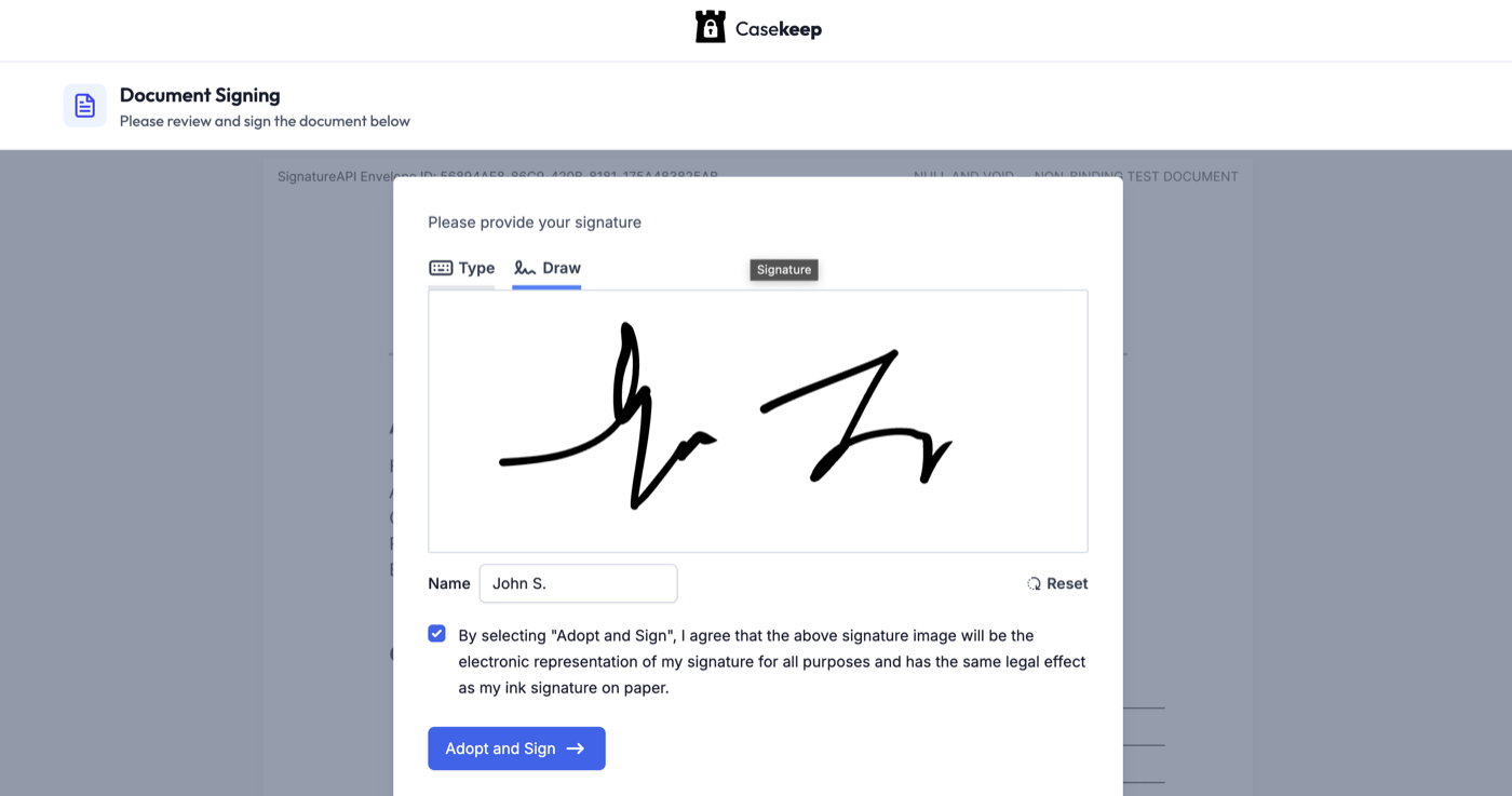 Casekeep e-signature screen